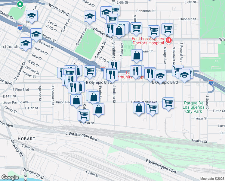 map of restaurants, bars, coffee shops, grocery stores, and more near 1209 1/2 South Indiana Street in Los Angeles