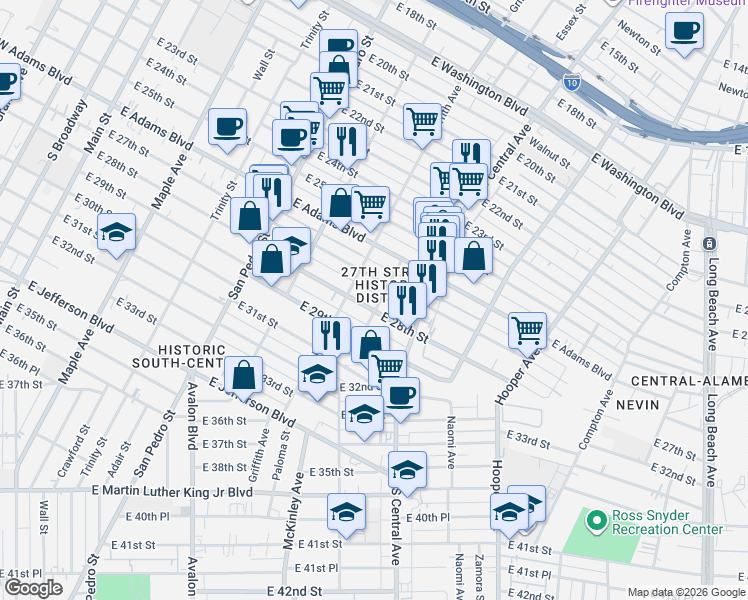 map of restaurants, bars, coffee shops, grocery stores, and more near 932 East 27th Street in Los Angeles