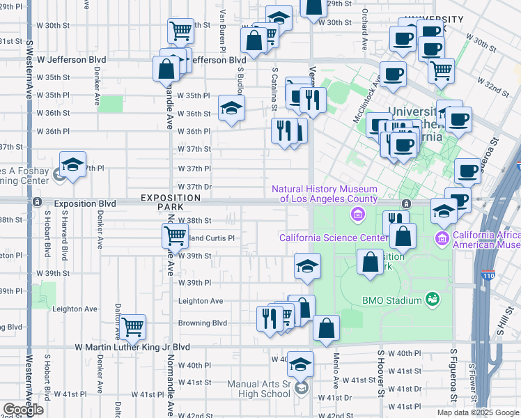 map of restaurants, bars, coffee shops, grocery stores, and more near 1205 West 37th Drive in Los Angeles