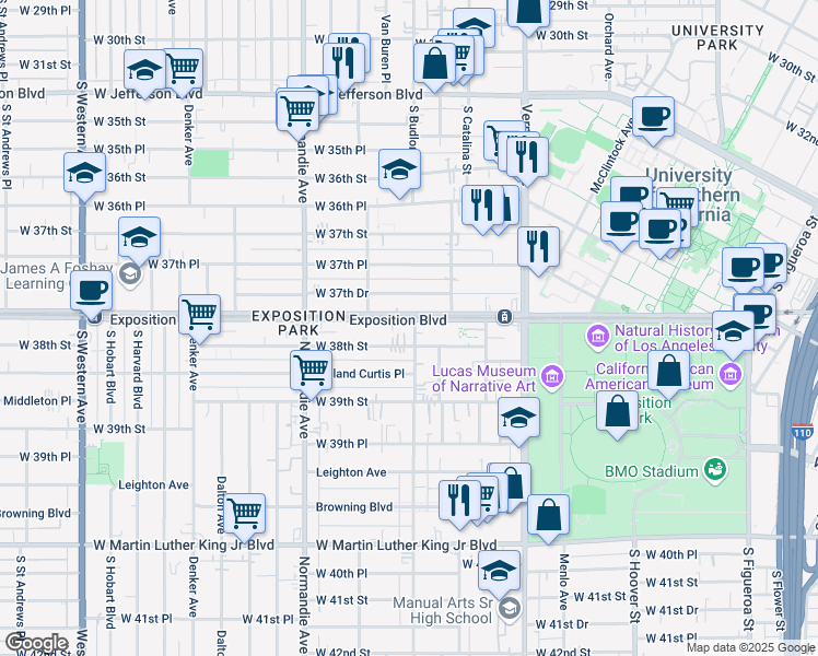 map of restaurants, bars, coffee shops, grocery stores, and more near 1141 Exposition Boulevard in Los Angeles