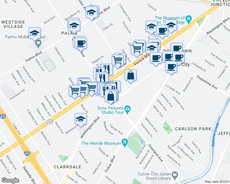 map of restaurants, bars, coffee shops, grocery stores, and more near 3835 1/4 Keystone Avenue in Culver City