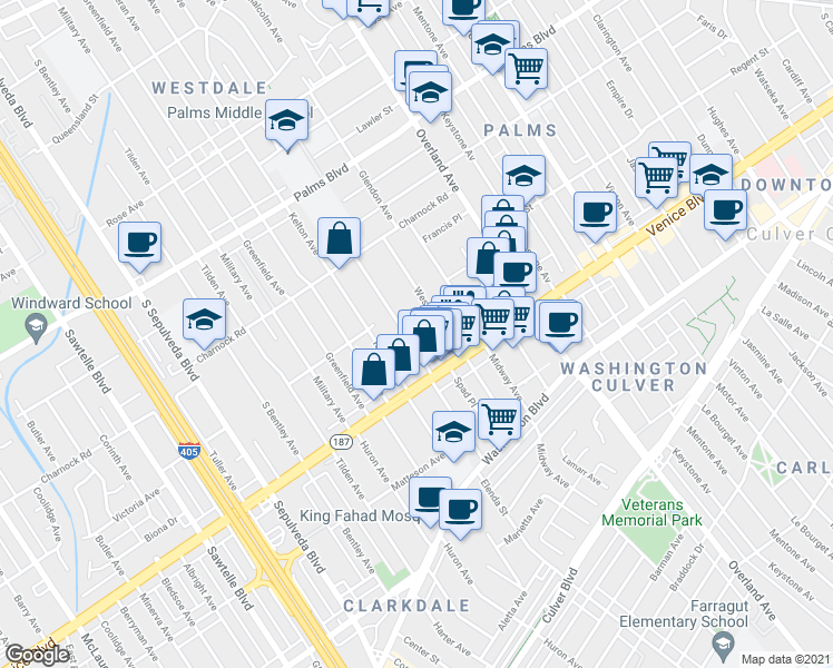 map of restaurants, bars, coffee shops, grocery stores, and more near 3721 Westwood Boulevard in Los Angeles