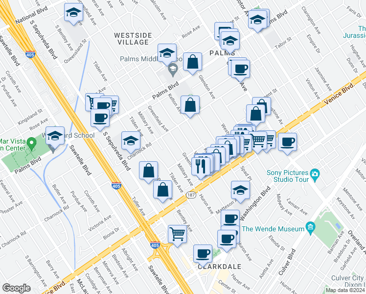 map of restaurants, bars, coffee shops, grocery stores, and more near 3648 Veteran Avenue in Los Angeles