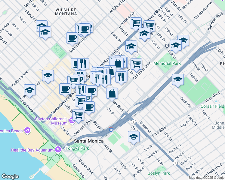 map of restaurants, bars, coffee shops, grocery stores, and more near 1519 9th Street in Santa Monica