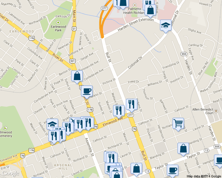 map of restaurants, bars, coffee shops, grocery stores, and more near 1408 Victoria Street in Columbia