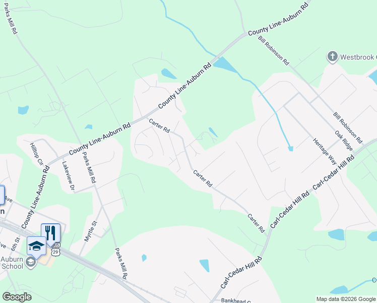 map of restaurants, bars, coffee shops, grocery stores, and more near 289 Carter Road in Auburn