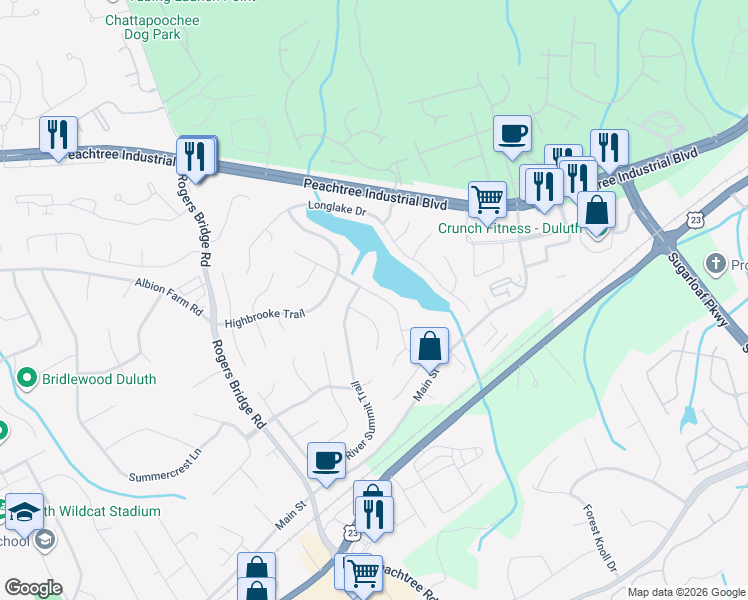 map of restaurants, bars, coffee shops, grocery stores, and more near 3155 River Summit Trail in Duluth
