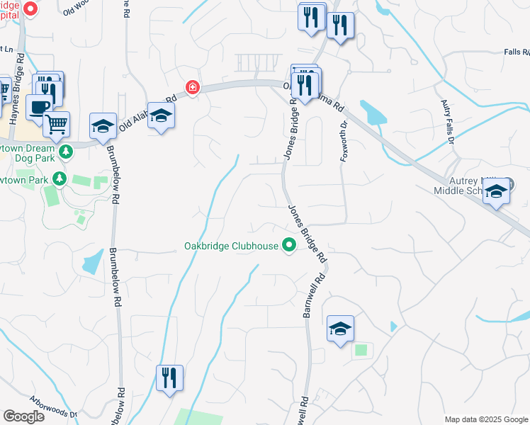 map of restaurants, bars, coffee shops, grocery stores, and more near 370 Landing Entry in Alpharetta