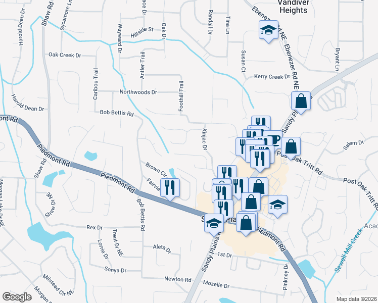 map of restaurants, bars, coffee shops, grocery stores, and more near 2724 Ashbury Point Lane in Marietta