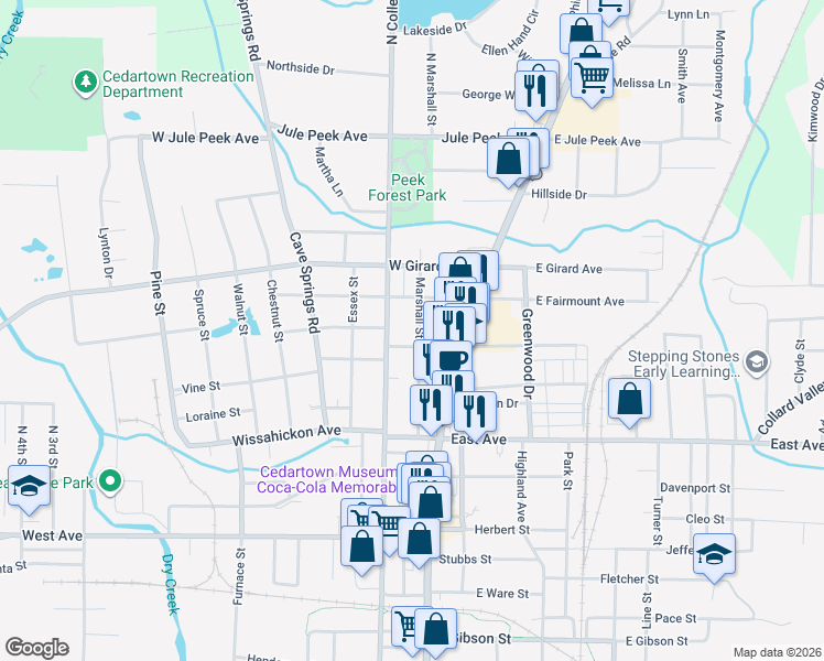 map of restaurants, bars, coffee shops, grocery stores, and more near 207 Marshall Street in Cedartown