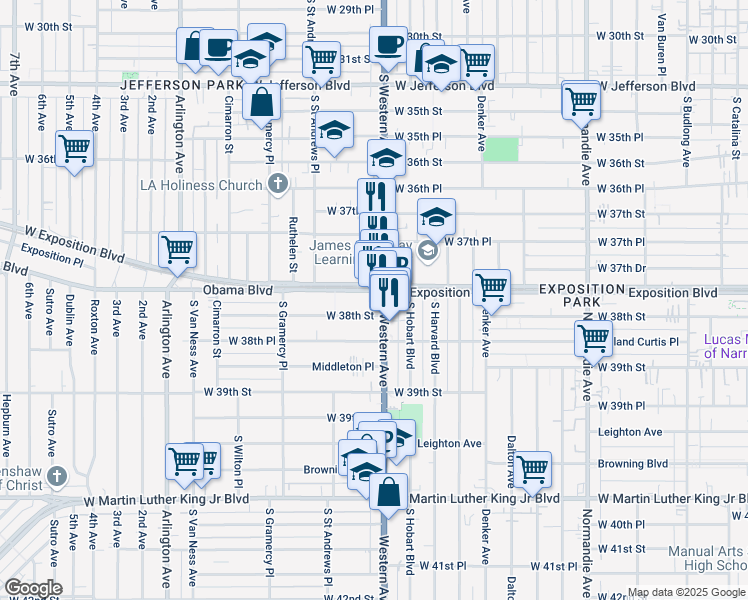 map of restaurants, bars, coffee shops, grocery stores, and more near 1615 West Exposition Boulevard in Los Angeles