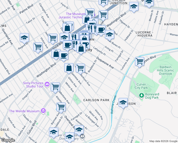 map of restaurants, bars, coffee shops, grocery stores, and more near 9980 Braddock Drive in Culver City