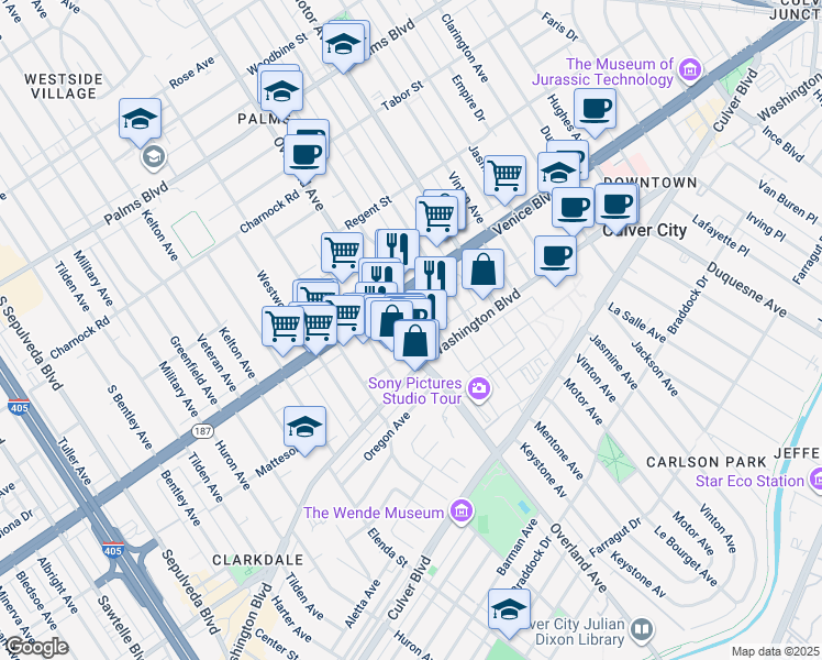 map of restaurants, bars, coffee shops, grocery stores, and more near 3835 1/4 Keystone Avenue in Culver City