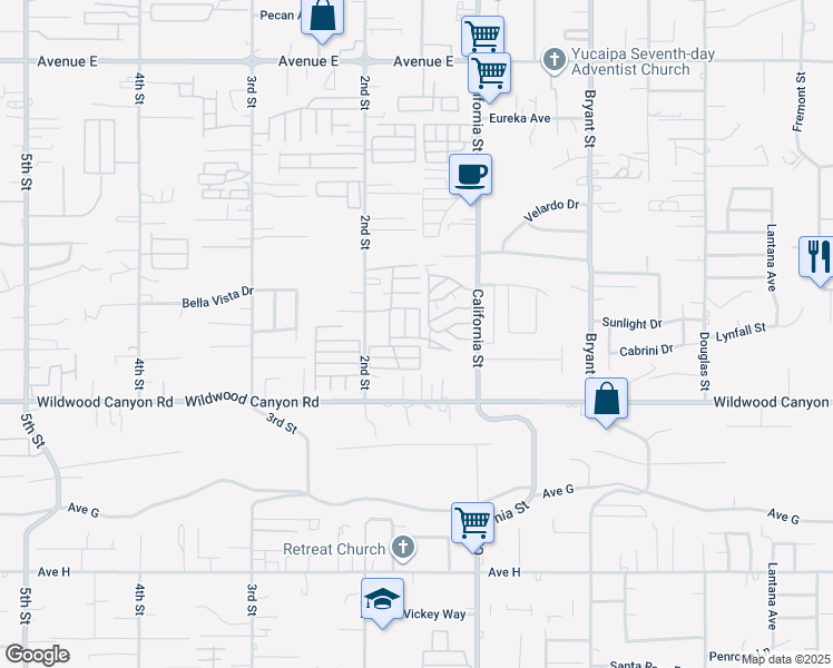 map of restaurants, bars, coffee shops, grocery stores, and more near 12941 2nd Street in Yucaipa