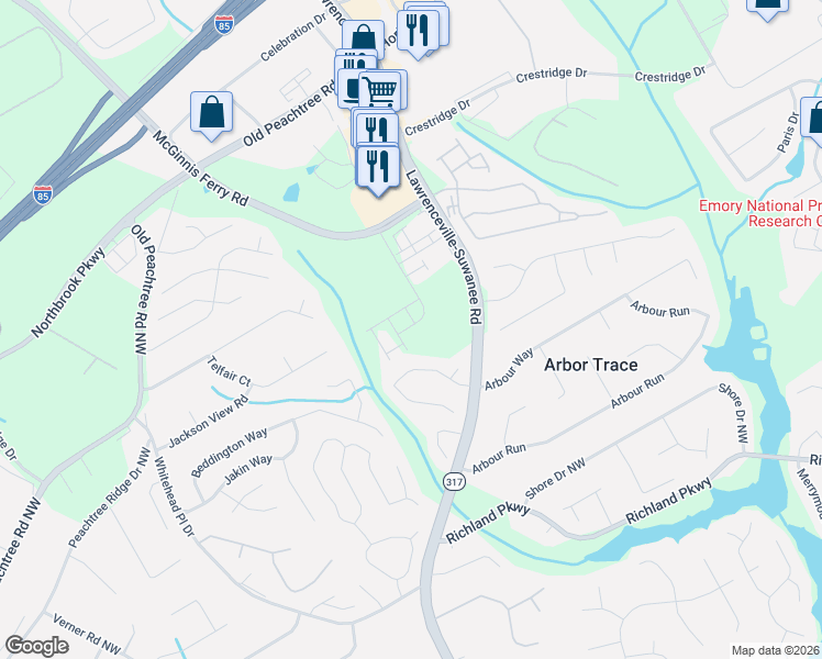 map of restaurants, bars, coffee shops, grocery stores, and more near 2602 Lawrenceville-Suwanee Road in Suwanee