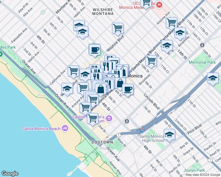map of restaurants, bars, coffee shops, grocery stores, and more near in Santa Monica