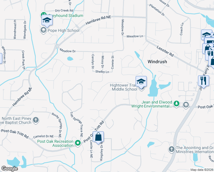 map of restaurants, bars, coffee shops, grocery stores, and more near 3640 Longfellow Trail in Marietta