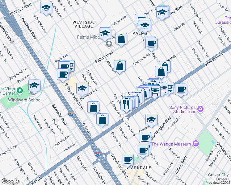 map of restaurants, bars, coffee shops, grocery stores, and more near 3650 Greenfield Avenue in Los Angeles