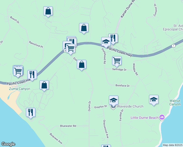 map of restaurants, bars, coffee shops, grocery stores, and more near 6656 Dume Drive in Malibu