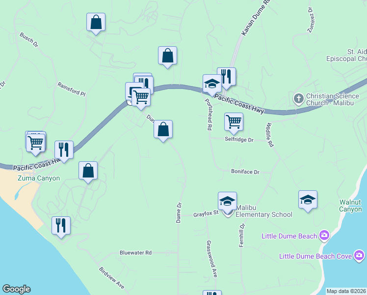 map of restaurants, bars, coffee shops, grocery stores, and more near 6656 Dume Drive in Malibu