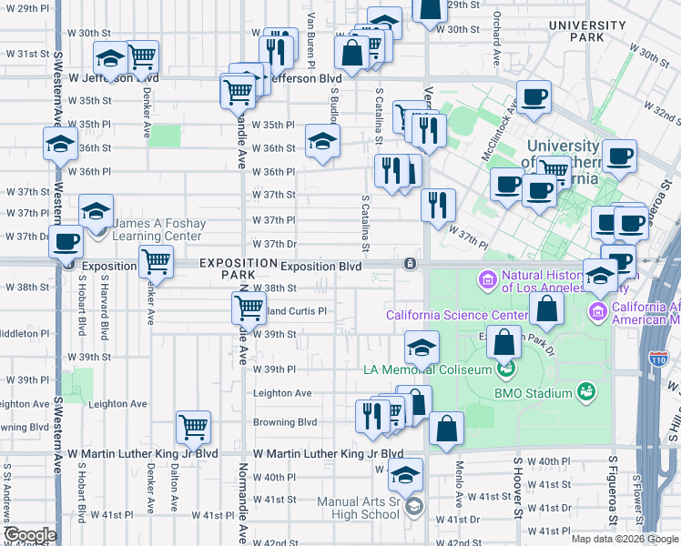 map of restaurants, bars, coffee shops, grocery stores, and more near 1140 Exposition Boulevard in Los Angeles