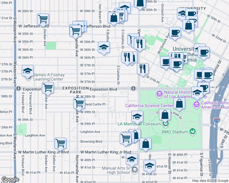 map of restaurants, bars, coffee shops, grocery stores, and more near 1114 Exposition Boulevard in Los Angeles