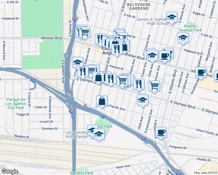 map of restaurants, bars, coffee shops, grocery stores, and more near in East Los Angeles