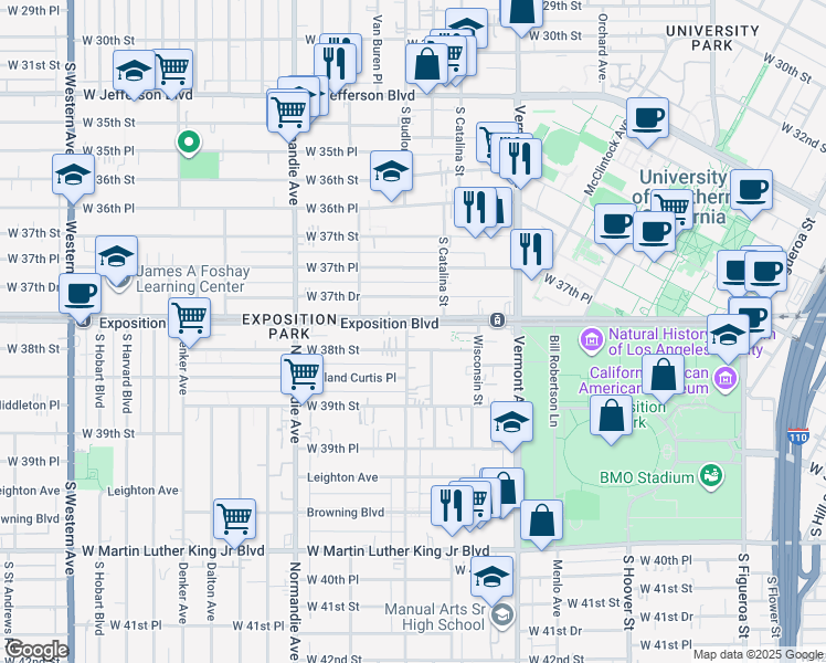 map of restaurants, bars, coffee shops, grocery stores, and more near 1140 Exposition Blvd in Los Angeles