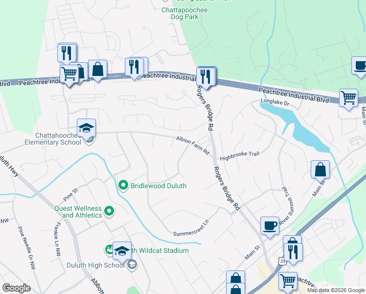 map of restaurants, bars, coffee shops, grocery stores, and more near 2730 Towne Village Drive Northwest in Duluth