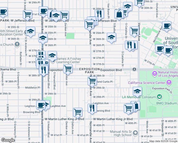 map of restaurants, bars, coffee shops, grocery stores, and more near in Los Angeles