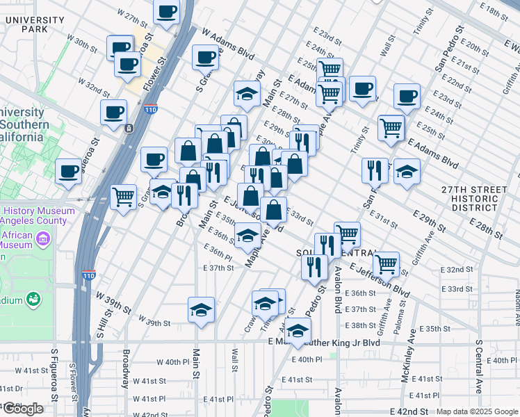 map of restaurants, bars, coffee shops, grocery stores, and more near 185 East Jefferson Boulevard in Los Angeles