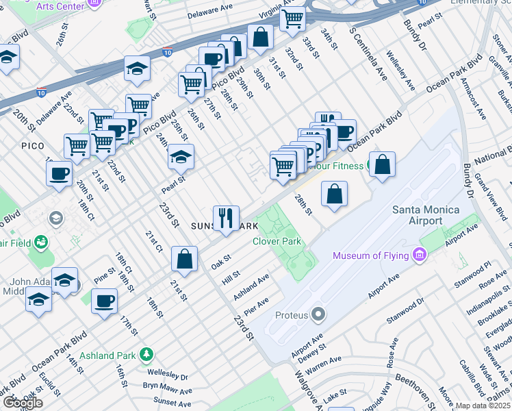 map of restaurants, bars, coffee shops, grocery stores, and more near 2627 26th Street in Santa Monica