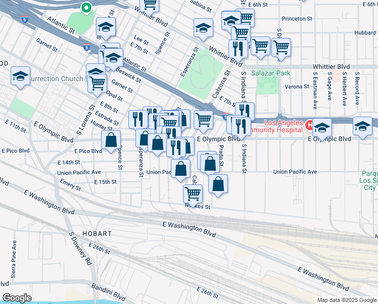 map of restaurants, bars, coffee shops, grocery stores, and more near 3686 East Olympic Boulevard in Los Angeles