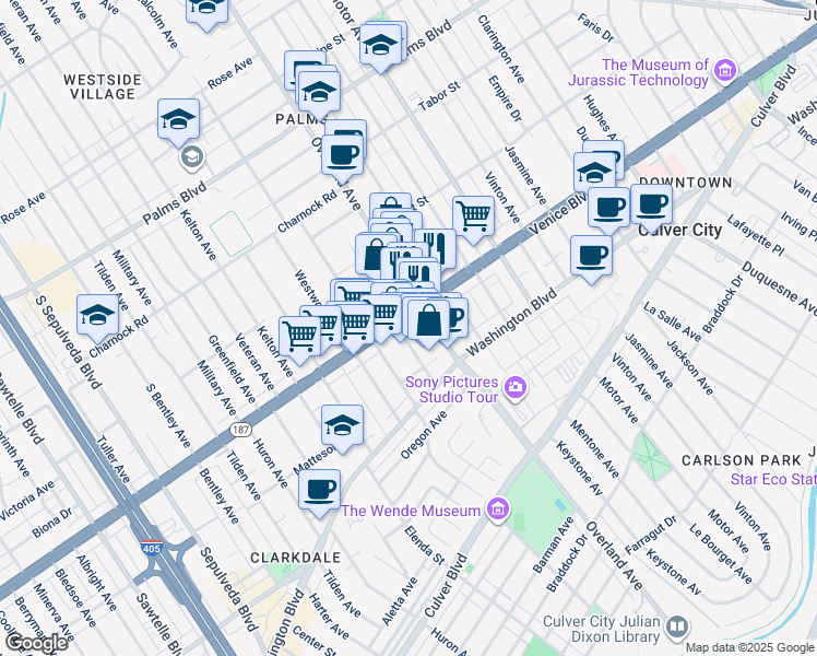 map of restaurants, bars, coffee shops, grocery stores, and more near in Los Angeles