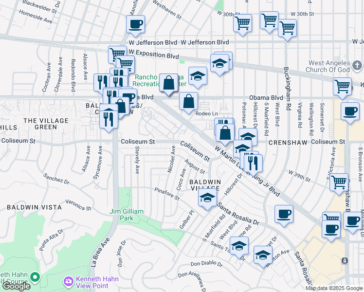 map of restaurants, bars, coffee shops, grocery stores, and more near 4731 Coliseum Street in Los Angeles
