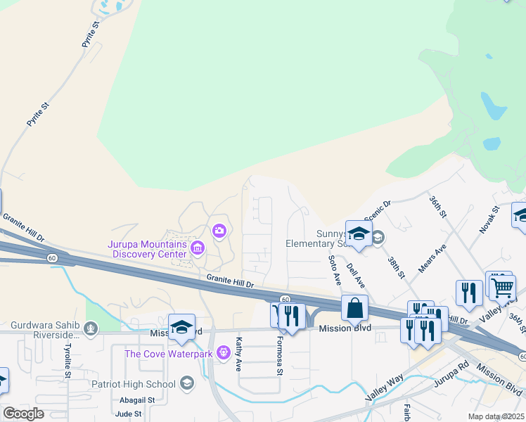 map of restaurants, bars, coffee shops, grocery stores, and more near 3899 Boulder Drive in Jurupa Valley