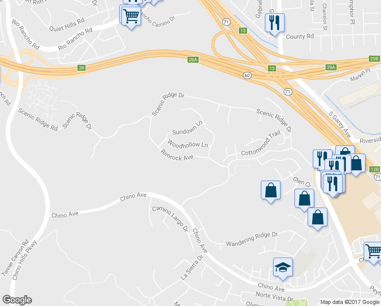 map of restaurants, bars, coffee shops, grocery stores, and more near 2225 Woodhollow Lane in Chino Hills