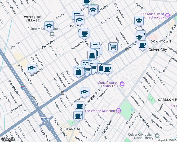 map of restaurants, bars, coffee shops, grocery stores, and more near 3745 Glendon Avenue in Los Angeles