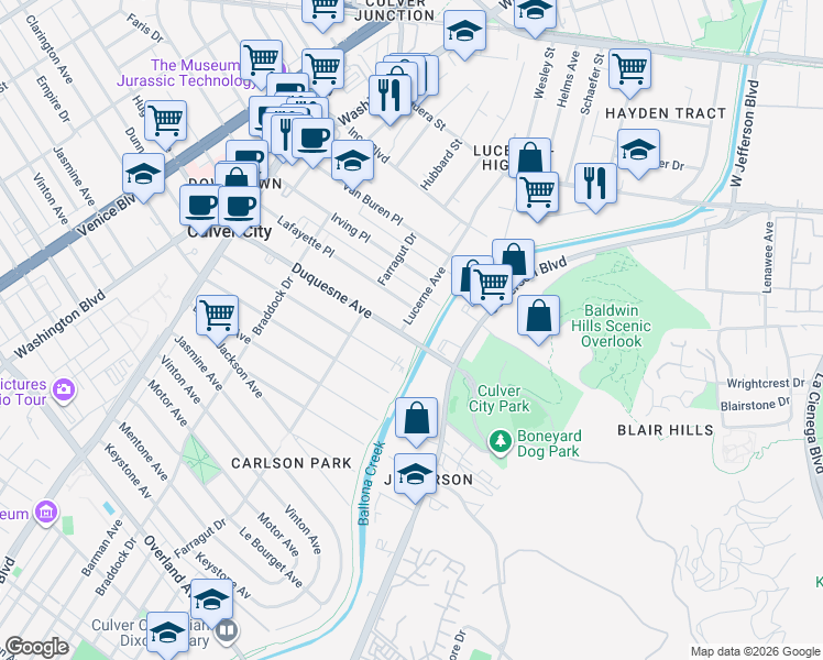 map of restaurants, bars, coffee shops, grocery stores, and more near 4304 Duquesne Avenue in Culver City