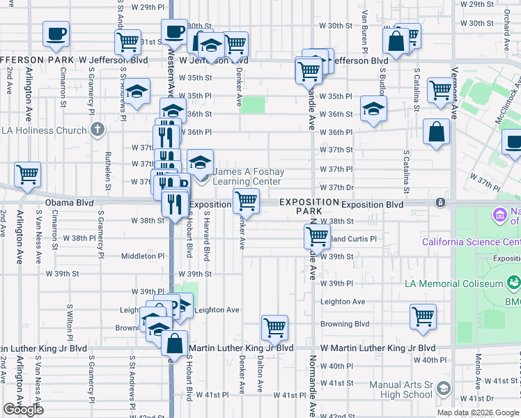 map of restaurants, bars, coffee shops, grocery stores, and more near 3770 Dalton Avenue in Los Angeles