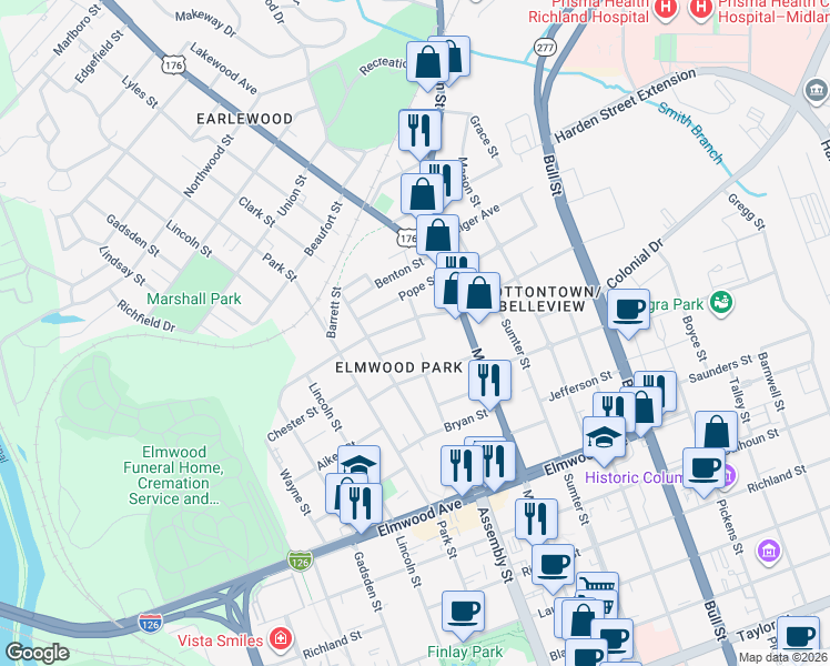 map of restaurants, bars, coffee shops, grocery stores, and more near 2427 Sulton Street in Columbia