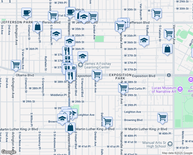 map of restaurants, bars, coffee shops, grocery stores, and more near 1455 West Exposition Boulevard in Los Angeles
