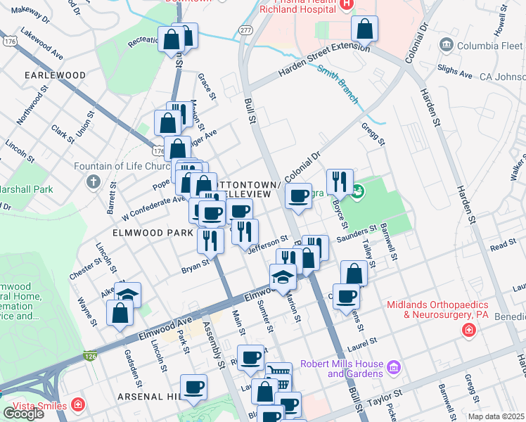 map of restaurants, bars, coffee shops, grocery stores, and more near 1421 Franklin Street in Columbia