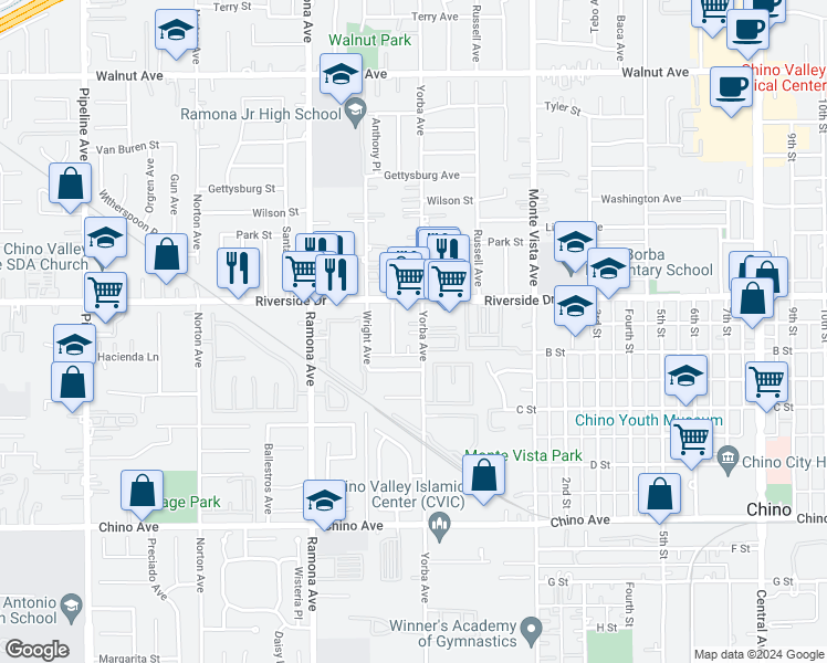 map of restaurants, bars, coffee shops, grocery stores, and more near 12958 Yorba Avenue in Chino