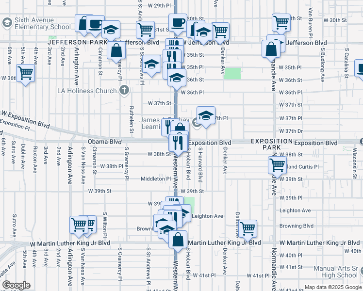 map of restaurants, bars, coffee shops, grocery stores, and more near 1573 West Exposition Boulevard in Los Angeles