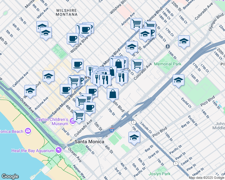 map of restaurants, bars, coffee shops, grocery stores, and more near 1532 9th Street in Santa Monica