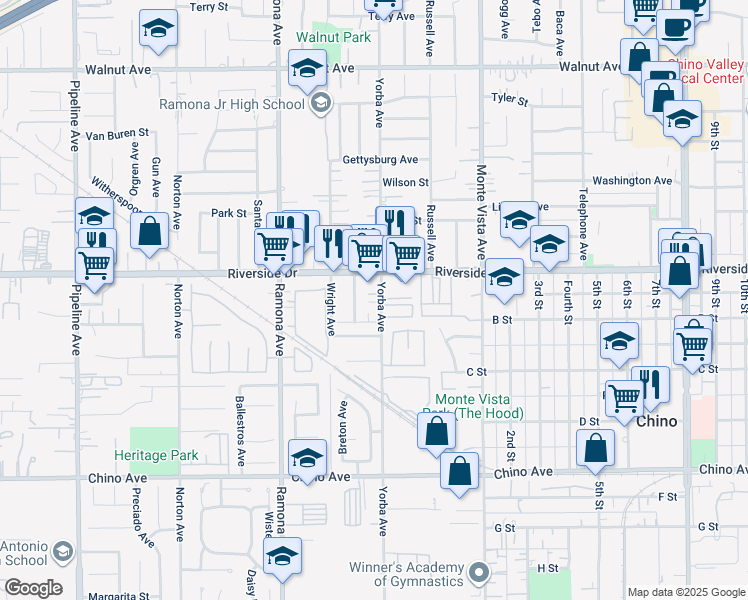 map of restaurants, bars, coffee shops, grocery stores, and more near 12958 Yorba Avenue in Chino