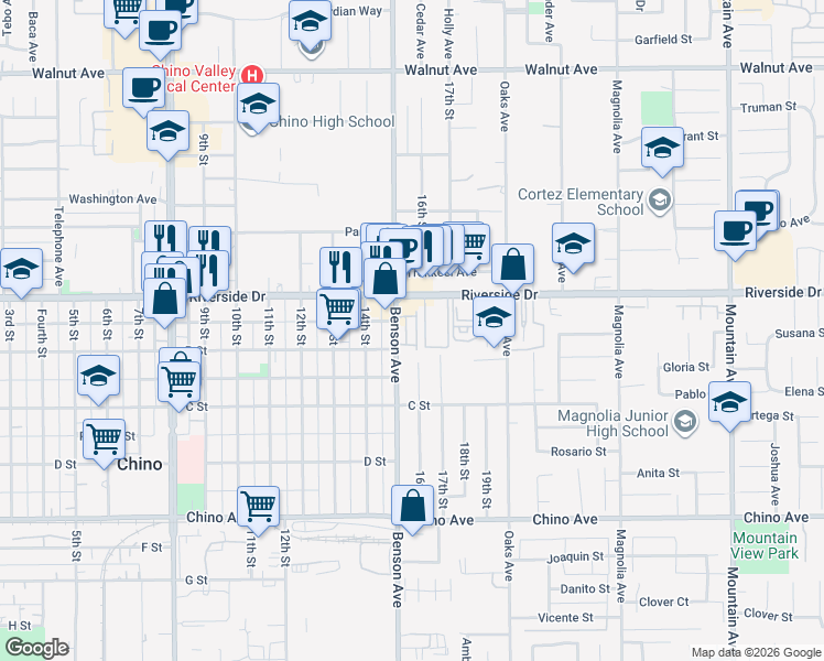 map of restaurants, bars, coffee shops, grocery stores, and more near 12951 Benson Avenue in Chino