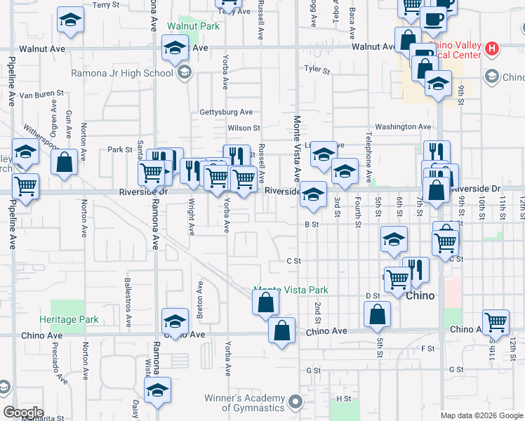 map of restaurants, bars, coffee shops, grocery stores, and more near 4814 Ranch Road in Chino