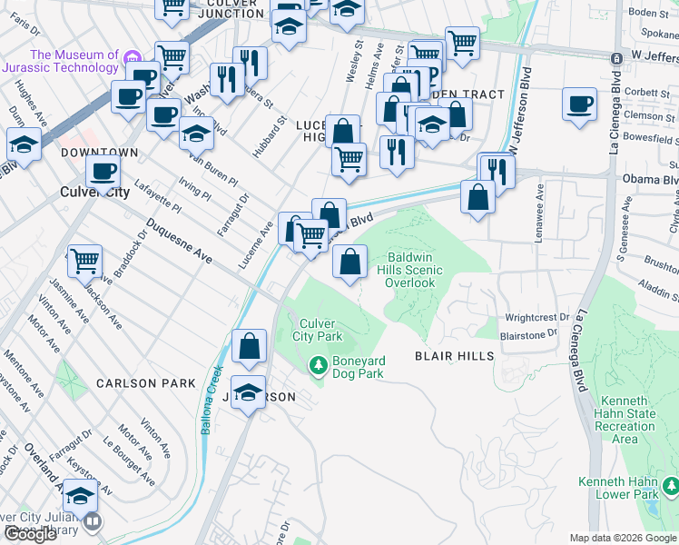 map of restaurants, bars, coffee shops, grocery stores, and more near 6231 Hetzler Road in Culver City